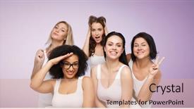  Presentation with women body - Presentation theme enhanced with friendship beauty body positive and people concept - group of happy plus size women in white underwear having fun and making faces over violet background background and a coral colored foreground