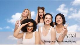  Presentation with women body - Cool new presentation theme with friendship beauty body positive and people concept - group of happy plus size women in white underwear having fun and making faces over blue sky and clouds background backdrop and a coral colored foreground
