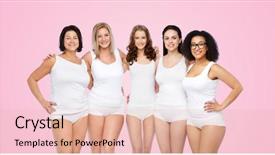  Presentation with women body - Slides with friendship beauty body positive and people concept - group of happy different women in white underwear over pink background background and a lemonade colored foreground