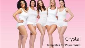  Presentation with women body - Theme featuring friendship beauty body positive and people concept - group of happy women different in white underwear over pink background background and a lemonade colored foreground