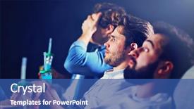  Presentation with cinema - Colorful presentation design enhanced with friendship cartoon - group of happy friends sitting backdrop and a ocean colored foreground