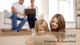  Presentation with technology and children - PPT theme having friendship cartoon - people family technology and children background and a coral colored foreground