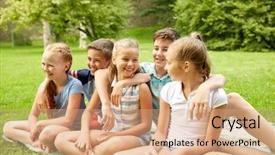  Presentation with friendship - PPT layouts enhanced with friendship childhood leisure and people concept - group of happy kids or friends sitting on grass in summer park background and a coral colored foreground