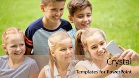  Presentation with friendship - Cool new PPT theme with friendship childhood technology and people concept - group of happy kids or friends taking selfie by smartphone in summer park backdrop and a coral colored foreground