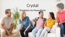  Presentation with people talking - Colorful theme enhanced with friendship communication and people concept - group of happy friends talking at home backdrop and a white colored foreground