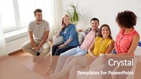  Presentation with people talking - Cool new PPT layouts with friendship communication and people concept - group of happy friends talking at home backdrop and a coral colored foreground