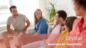  Presentation with people talking - Amazing PPT theme having friendship communication and people concept - group of happy friends talking at home backdrop and a coral colored foreground