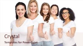  Presentation with diverse women - Cool new slides with friendship diverse body positive gesture and people concept - group of happy different size women in white t-shirts showing thumbs up backdrop and a lemonade colored foreground