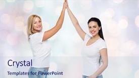  Presentation with diverse women - Beautiful PPT layouts featuring friendship diverse body positive gesture and people concept - group of happy different women in white t-shirts making high five over holidays lights background backdrop and a lemonade colored foreground