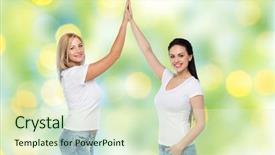  Presentation with diverse women - Beautiful PPT theme featuring friendship diverse body positive gesture and people concept - group of happy different women in white t-shirts making high five over green holidays lights background backdrop and a soft green colored foreground