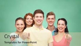  Presentation with friendship school - Cool new slide deck with friendship education school and people concept - group of smiling teenagers pointing finger on you over green board background backdrop and a lemonade colored foreground