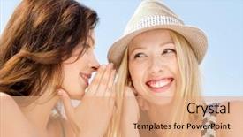  Presentation with happiness - Slide deck with friendship happiness and people concept - two smiling girls whispering gossip background and a coral colored foreground