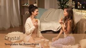  Presentation with cacao - Slides with friendship hygge and pajama party concept - happy female friends or teenage girls eating waffles with cacao at home background and a coral colored foreground