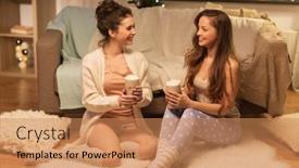  Presentation with cacao - Cool new PPT theme with friendship hygge and pajama party concept - happy female friends or teenage girls drinking cacao with marshmallow at home backdrop and a coral colored foreground