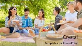  Presentation with fast food - Colorful presentation design enhanced with friendship leisure and fast food backdrop and a coral colored foreground