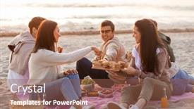  Presentation with burgers - Beautiful PPT layouts featuring friendship leisure and fast food concept - group of happy friends eating sandwiches or burgers at picnic on beach in summer backdrop and a violet colored foreground