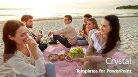  Presentation with burgers - Slides enhanced with friendship leisure and fast food concept - group of happy friends eating sandwiches or burgers at picnic on beach in summer background and a violet colored foreground