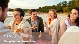  Presentation with burgers - Amazing theme having friendship leisure and fast food concept - group of happy friends eating sandwiches or burgers at picnic on beach in summer backdrop and a coral colored foreground