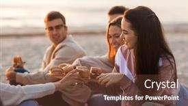  Presentation with burgers - Audience pleasing slide deck consisting of friendship leisure and fast food concept - group of happy friends eating sandwiches or burgers at picnic on beach in summer backdrop and a tawny brown colored foreground