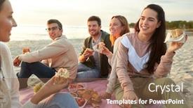  Presentation with fast food - PPT theme featuring friendship leisure and fast food concept - group of happy friends eating sandwiches or burgers at picnic on beach in summer background and a tawny brown colored foreground