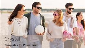  Presentation with beach bag - Presentation theme featuring friendship leisure and people concept - group of happy friends with ball guitar bag and blanket walking along beach in summer background and a soft green colored foreground