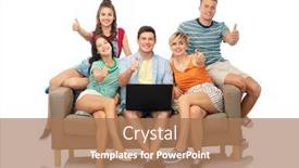  Presentation with friendship - PPT theme consisting of friendship leisure and technology concept - group of happy smiling friends with laptop computer sitting on sofa over white background and showing thumbs up background and a coral colored foreground