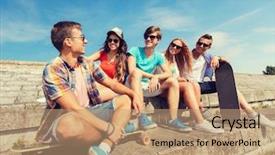  Presentation with people street - Presentation design consisting of friendship leisure summer and people concept - group of smiling friends with skateboards sitting on city street background and a coral colored foreground