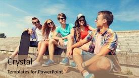  Presentation with people street - Cool new PPT layouts with friendship leisure summer and people concept - group of smiling friends with skateboards sitting on city street backdrop and a coral colored foreground
