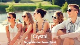  Presentation with friendship - Presentation design with friendship leisure summer and people concept - group of smiling friends sitting on city square background and a coral colored foreground