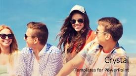 Presentation with people street - PPT theme consisting of friendship leisure summer and people concept - group of smiling friends sitting on city street background and a coral colored foreground