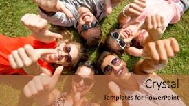  Presentation with diverse group of smiling people giving thumbs up - PPT layouts having friendship leisure summer gesture background and a coral colored foreground