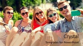  Presentation with friendship - Amazing presentation theme having friendship leisure summer technology and people concept - group of smiling friends with smartphone making selfie in park backdrop and a coral colored foreground