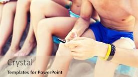  Presentation with smartphones - Presentation design with friendship leisure summer technology and people concept - close up of friends with smartphones sitting on sandy beach background and a lemonade colored foreground