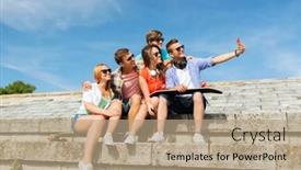 Presentation with friendship - Colorful presentation enhanced with friendship leisure summer technology and people concept - group of smiling friends with skateboard and smartphone taking selfie outdoors backdrop and a coral colored foreground