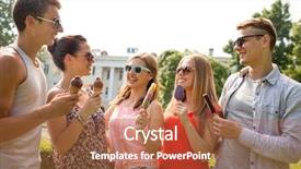  Presentation with ice cream - Theme with friendship leisure sweets summer and people concept - group of smiling friends with ice cream outdoors background and a red colored foreground