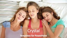  Presentation with friendship - Slides enhanced with friendship people and pajama party concept - happy friends or teenage girls sleeping in bed at home background and a coral colored foreground