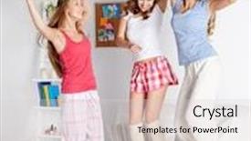  Presentation with pajama - Beautiful slides featuring friendship people and pajama party concept - happy friends or teenage girls having fun and jumping on bed at home backdrop and a light gray colored foreground