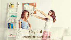  Presentation with fight - Beautiful presentation theme featuring friendship people and pajama party concept - happy friends or teenage girls having fun and pillow fight on bed at home backdrop and a cream colored foreground
