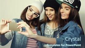  Presentation with friendship - Slides having friendship people and technology concept - three happy teenage girls with smartphone taking selfie background and a ocean colored foreground