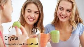  Presentation with tea party - Beautiful slides featuring friendship people pajama party and communication concept - happy friends or teenage girls drinking chatting tea and eating sweets at home backdrop and a coral colored foreground