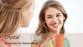  Presentation with tea party - Slides with friendship people pajama party and communication concept - happy friends or teenage girls drinking chatting tea and eating sweets at home background and a coral colored foreground