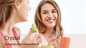  Presentation with tea party - Colorful PPT layouts enhanced with friendship people pajama party and communication concept - happy friends or teenage girls drinking chatting tea and eating sweets at home backdrop and a coral colored foreground