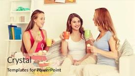  Presentation with tea party - Slide set consisting of friendship people pajama party and communication concept - happy friends or teenage girls drinking tea and eating sweets at home background and a lemonade colored foreground