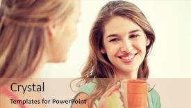  Presentation with tea party - PPT theme having friendship people pajama party and communication concept - happy friends or teenage girls drinking chatting tea and eating sweets at home background and a coral colored foreground