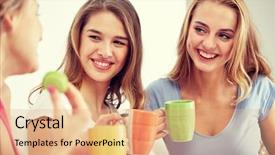  Presentation with tea party - Cool new presentation theme with friendship people pajama party and communication concept - happy friends or teenage girls drinking chatting tea and eating sweets at home backdrop and a coral colored foreground