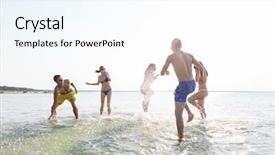  Presentation with happy holidays - Presentation theme having friendship sea summer vacation holidays and people concept - group of happy friends having fun on summer beach background and a sky blue colored foreground