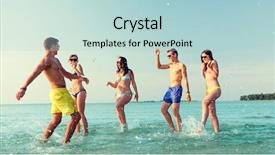  Presentation with happy holidays - Colorful PPT theme enhanced with friendship sea summer vacation holidays and people concept - group of happy friends having fun on beach backdrop and a lemonade colored foreground