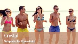  Presentation with friendship - Beautiful theme featuring friendship sea summer vacation holidays and people concept - group of smiling friends wearing swimwear and sunglasses running on beach backdrop and a coral colored foreground
