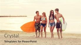  Presentation with friendship - Theme featuring friendship sea summer vacation water sport and people concept - group of smiling friends wearing swimwear and sunglasses with surfboards on beach background and a coral colored foreground