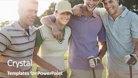  Presentation with golf course - Amazing slide deck having friendship sport - portrait of cheerful young golfers backdrop and a coral colored foreground